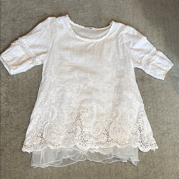 Puo Duo Duo Tops - Bohemian cottage Core Cotton embroidered net lined shirt S